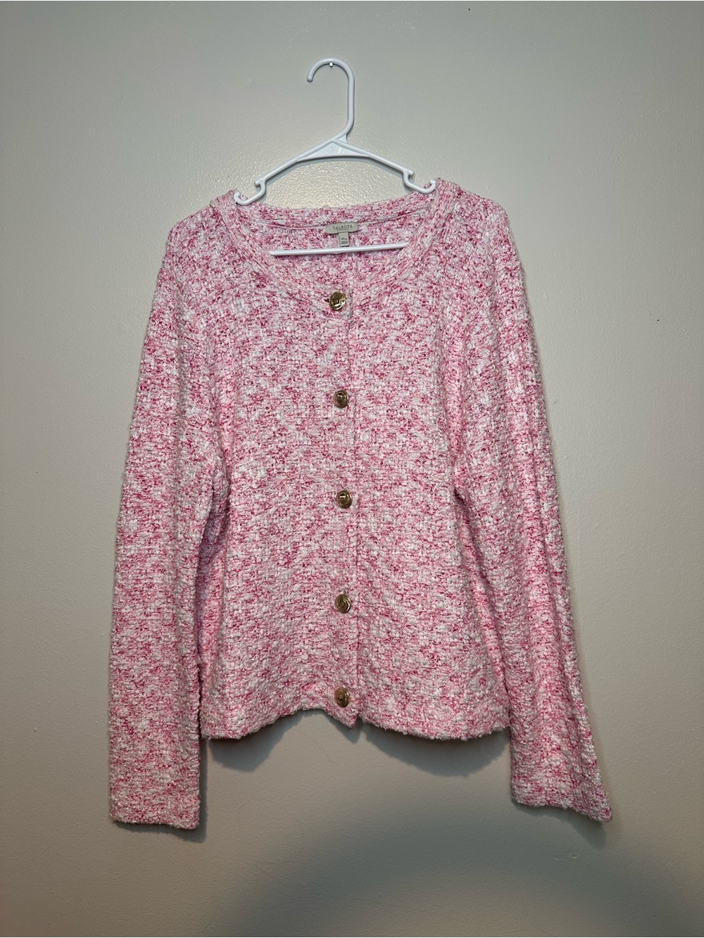 Talbots Pink White Tweed Cardigan Sweater Knit Gold Button  XLP Preppy Old Money